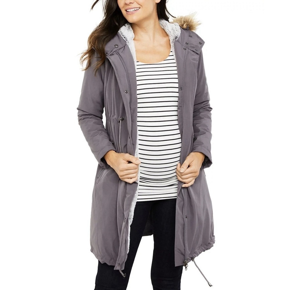 Seraphine Coat Womens Maternity Winter Parka Hooded Lined Fur Trim Size 2 Jacket